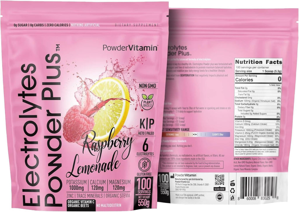 PowderVitamin Electrolytes Powder Plus (100 Servings) Raspberry Lemonade Electrolyte Powder, Zero Calorie, Keto, Zero Sugar, No Maltodextrin, 1000mg Potassium,120mg Calcium,120mg Magnesium, Hydration