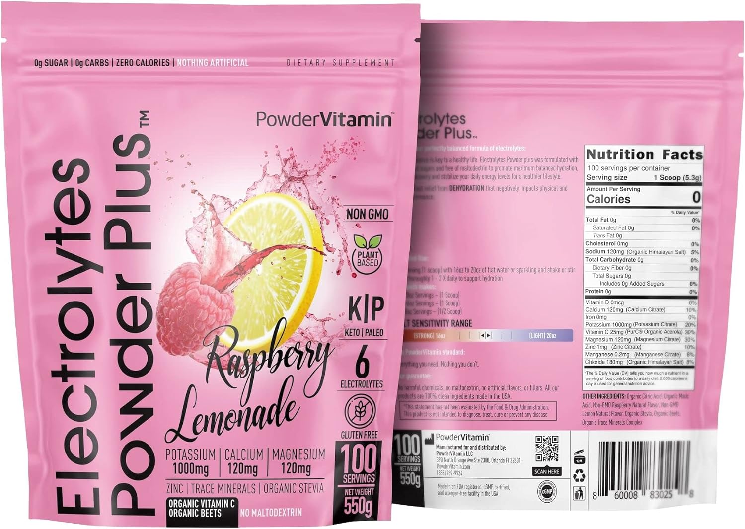 PowderVitamin Electrolytes Powder Plus (100 Servings) Raspberry Lemonade Electrolyte Powder, Zero Calorie, Keto, Zero Sugar, No Maltodextrin, 1000mg Potassium,120mg Calcium,120mg Magnesium, Hydration