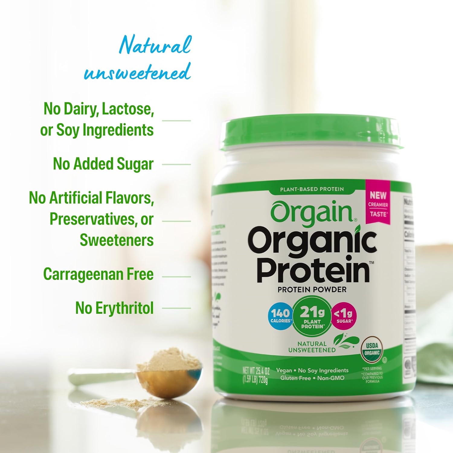 Orgain Organic Vegan Protein Powder, Natural Unsweetened - 21g of Plant Protein, 4g Prebiotic Fiber, Low Net Carbs, No Lactose Ingredients, No Added Sugar, Non-GMO, For Shakes & Smoothies, 1.59 lb
