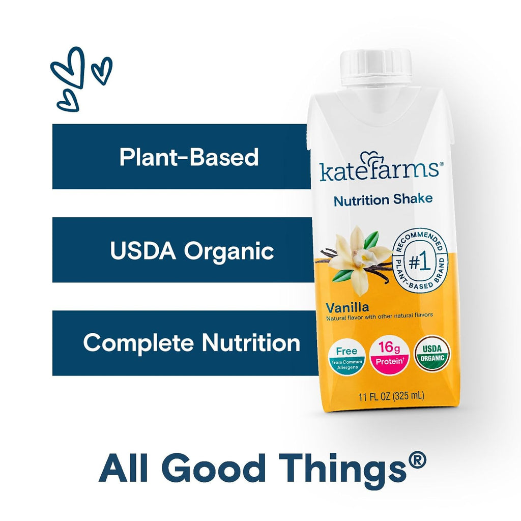 Kate Farms Organic Nutrition Shake, Vanilla, 16g Protein, 27 Vitamins and Minerals, Meal Replacement, 11 oz, 6 Pack