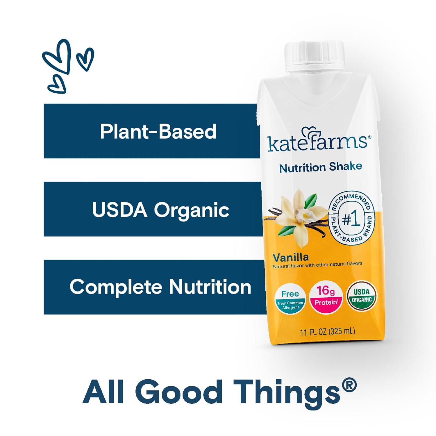 Kate Farms Organic Nutrition Shake, Vanilla, 16g Protein, 27 Vitamins and Minerals, Meal Replacement, 11 oz, 6 Pack