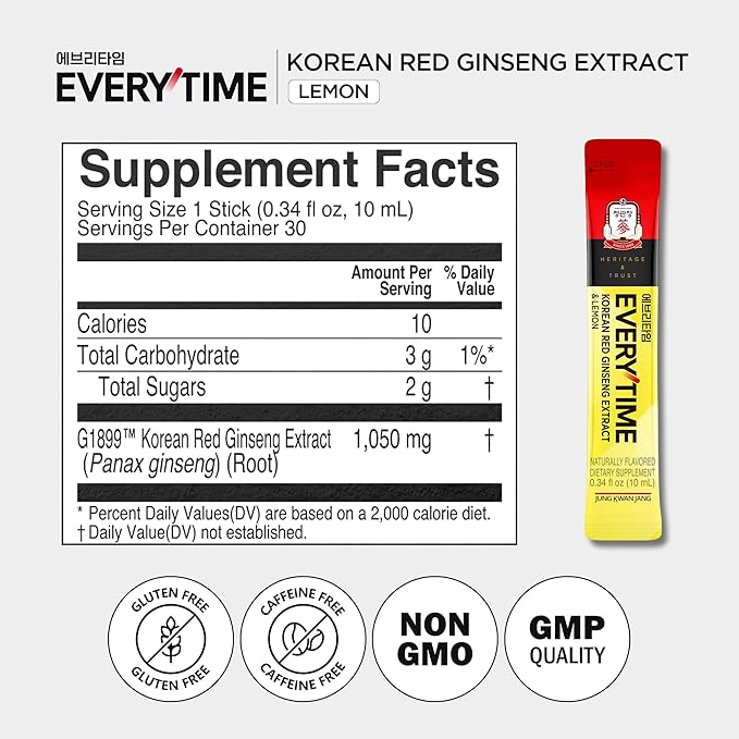 JUNG KWAN JANG Everytime Korean Red Ginseng Extract Stick 1,050mg & Lemon - Vegan Ginseng Root Energy Drink Liquid Stick Supplements - Builds Stamina & Immunity, No Caffeine Non-GMO (30 Sticks)
