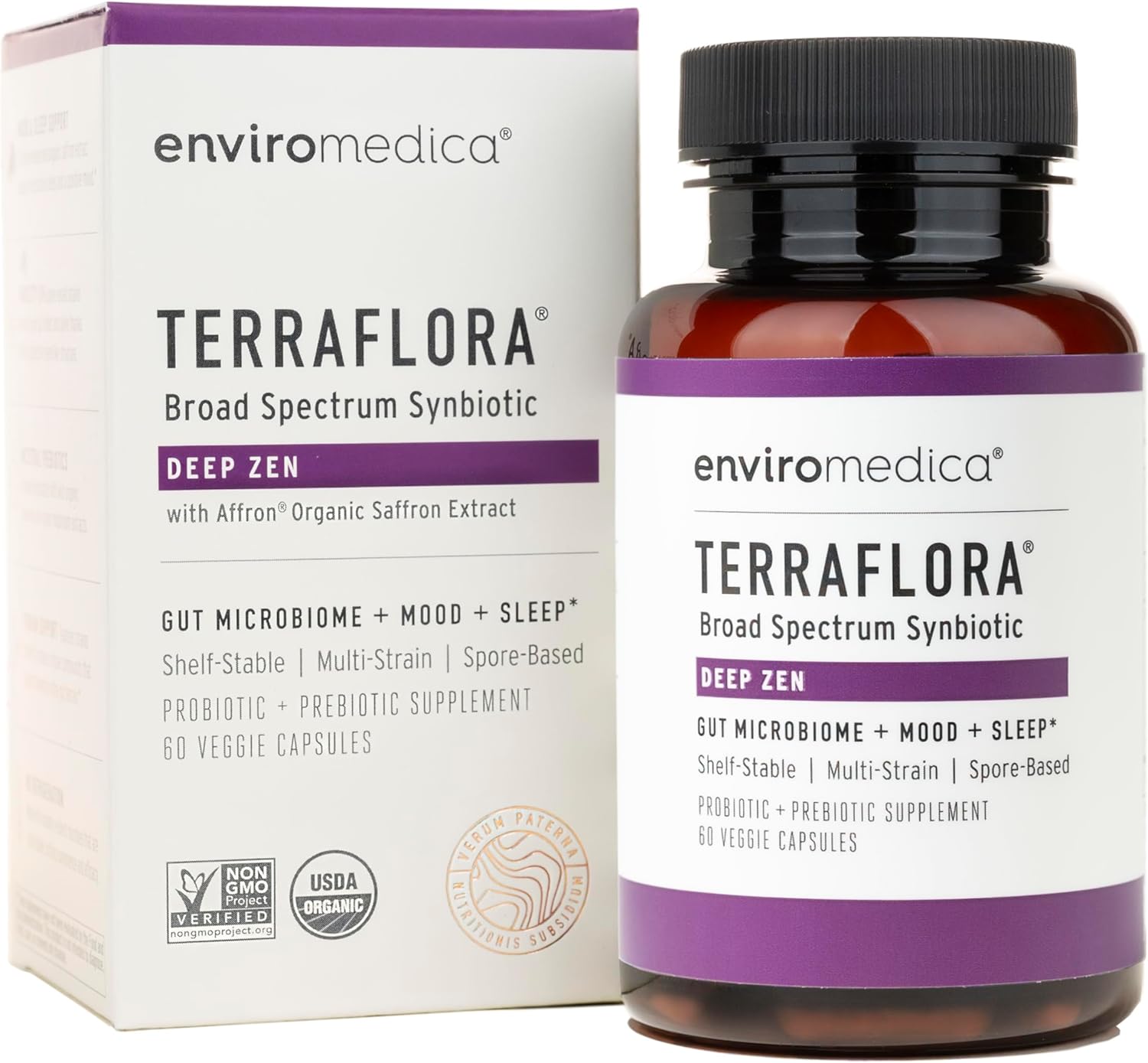 Enviromedica Terraflora Deep Zen Synbiotic - Spore Based Probiotics and Prebiotics for Gut Health & Mood Support, Organic Soil Based Probiotic Supplement for Men and Women 60 Capsules