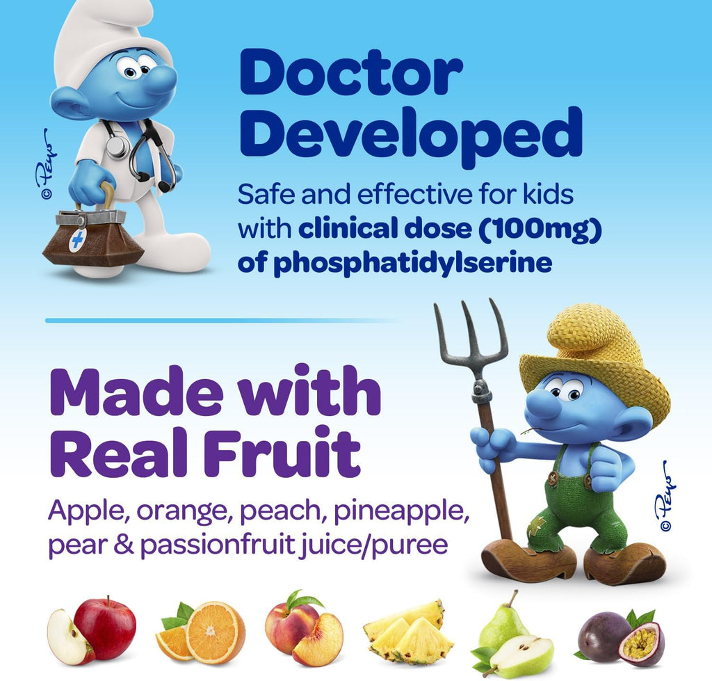 The Smurfs Nootropic Gummies for Kids with Vitamin B12 & L-Theanine | Laser Focus Gummy for Focus and Memory Supplements | Made with Real Fruit in a Smurf Berry | Doctor Developed | 60 Vegan Gummies