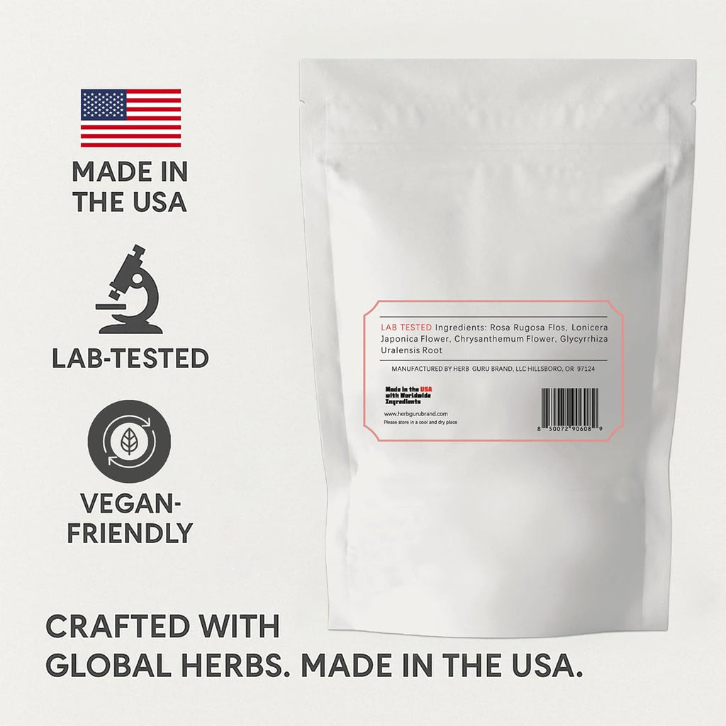Herb Guru Floral Serenity Blend Herbal Tea, natural Herbal With Rose, Honeysuckle, Chrysanthemum, and Licorice Root, Herb Infusion & Relaxing Beverage, Includes 5 natural Tea Bags for Mindful Sipping