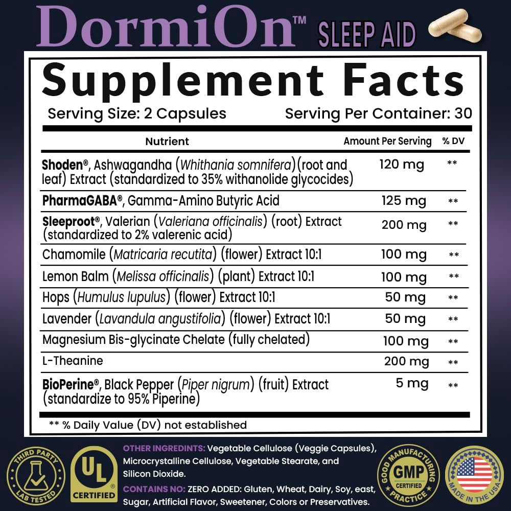DormiOn™ Melatonin-Free Sleep Aid 10-in-1 Sleep, Stress, Cortisol, Mood & Memory Supports with Valerian, GABA, Ashwagandha, BioPerine, L-Theanine, Magnesium & Herbs – Wake Up Refreshed & No Grogginess
