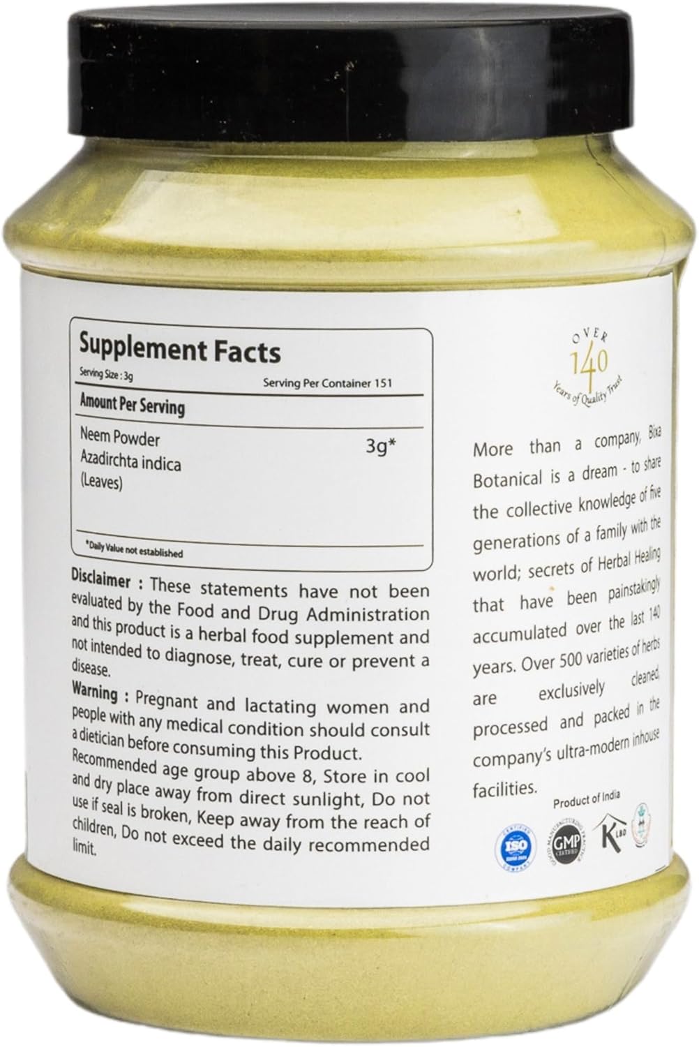 bixa BOTANICAL Neem Leaf Powder | Azadirachta Indica | 1 Pound / 16 OZ | Ayurvedic Anti Allergic Herbal Supplement | Gluten Free, Non-GMO, Steam Treated, Vegan, 100% Pure.