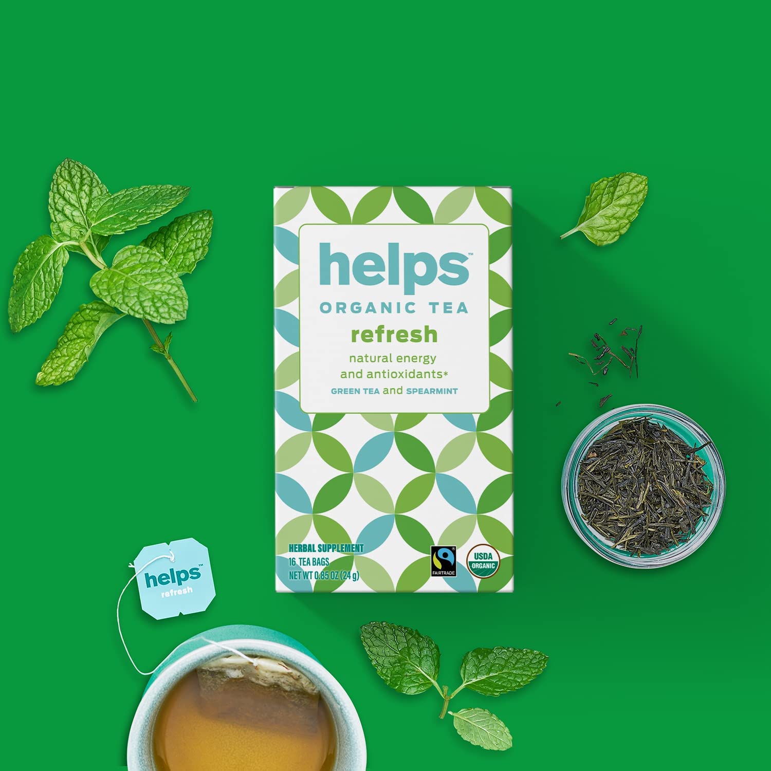 HELPS TEAS | Helps Refresh | Organic Green Tea with Spearmint. Natural Energy, Antioxidant, Slimming And Thermogenic Herbal Tea| 16 Tea Bags - Pack of 3 |