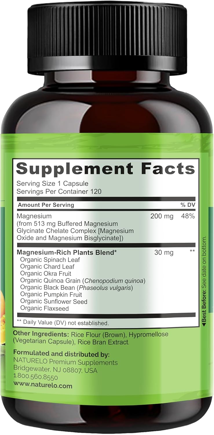 NATURELO Magnesium Glycinate Chelate Complex - 200 mg Magnesium with Organic Vegetables to Support Sleep, Calm, Muscle Cramp & Stress Relief - Gluten Free, Non GMO - 120 Capsules