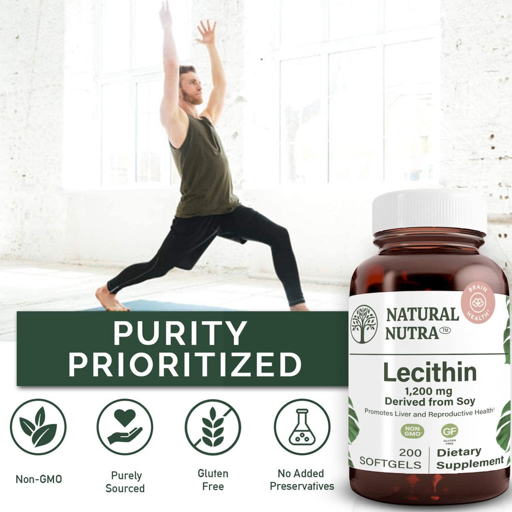 Natural Nutra Soy Lecithin 1200 mg Dietary Supplement - Brain Function, Liver Health, Improve Procreant Health, Boosting Supplement - Gluten-Free, BPA-Free, 200 Softgels in Recyclable Glass Bottles