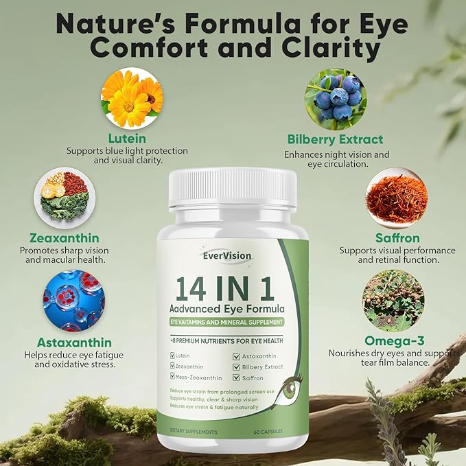 Evervision 14 in 1 Advanced Eye Formula, Eye Vitamin and Mineral Supplement with Zinc, Lutein, Zeaxanthin & Bilberry Extract, 60 Capsules (1)