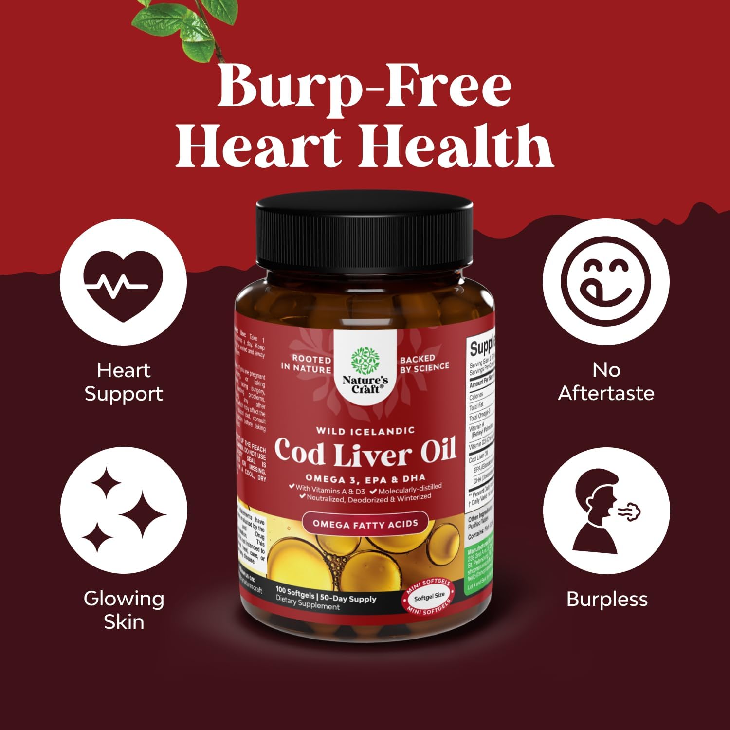 Icelandic Wild Caught Cod Liver Oil Softgels - Fish Omega 3, EPA, DHA, Vitamin D & A, 1000mg Per Serving - Burpless Capsules for Heart, Joint, Brain & Immune Support - 100 Count