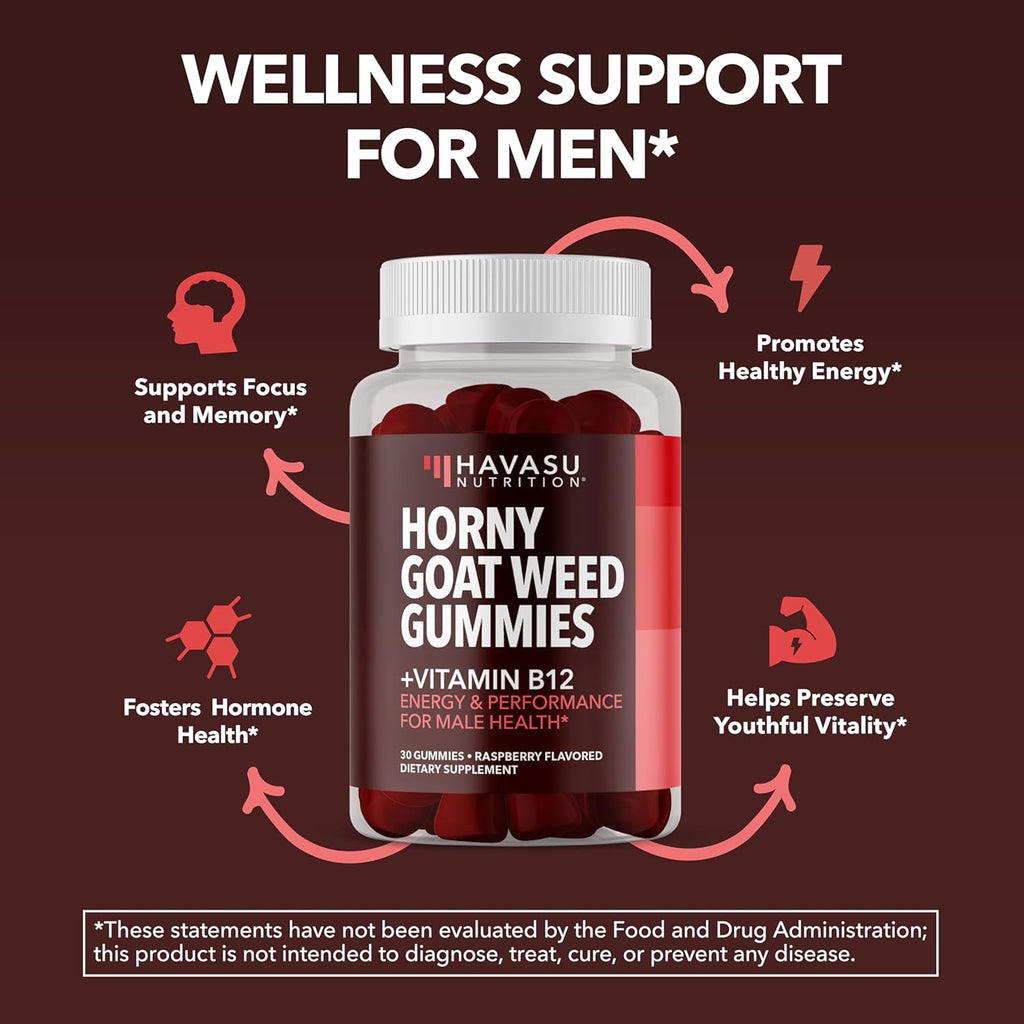 Horny Goat Weed Gummies with Vitamin B12 - Energy, Endurance & Performance Support for Male Health - 30 Count - Vegetarian-Friendly, Non-GMO, Pectin-Based - Raspberry Flavor, 15 Servings