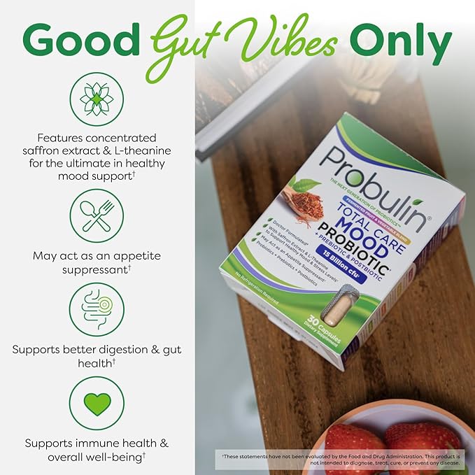 Probulin Mood Probiotics for Women with Saffron, L Theanine, Probiotic, Prebiotic, Postbiotic - Mood Support Supplement & Gut Support - Vegan, Non GMO, 30 Capsules