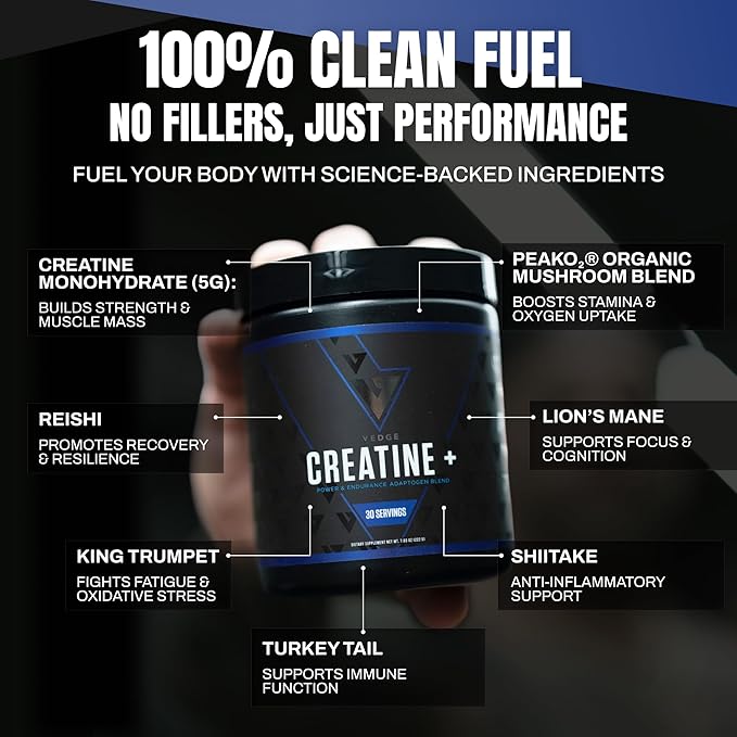 vedge Nutrition Creatine + | Vegan Plant-Based Creatine Monohydrate Powder | Energy, Performance & Function | Ergogenic Aids for Athletes | Unflavored, 30 Servings