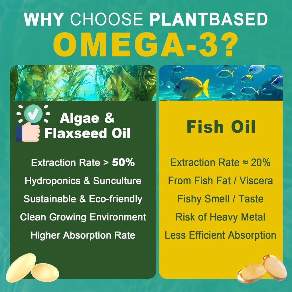 2 Pack Vegan Omega 3 D3 K2 CoQ10 Supplement, Plant Based DHA EPA ALA for Women Men, Omega 3 Organic Algae Flaxseed Oil Supplement for Bone, Brain, Eye & Immune Support, No Carrageenan, 240 Softgels
