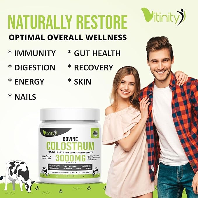 VITINITY Grass Fed Bovine Colostrum Powder for Humans 3000 mg - Natural IgG Colostrum Supplement Gut Health, Immune Support, Muscle Recovery, Wellness | Pure Colostrum Superfood,Unflavored 2 Pack