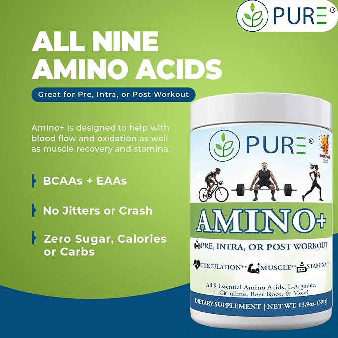 PURE Amino+ Drink Mix, Fruit Splash, 9 Essential Amino Acids, L-Arginine, L-Citrulline, 501g, 30 Servings, Premium Wellness Supplement
