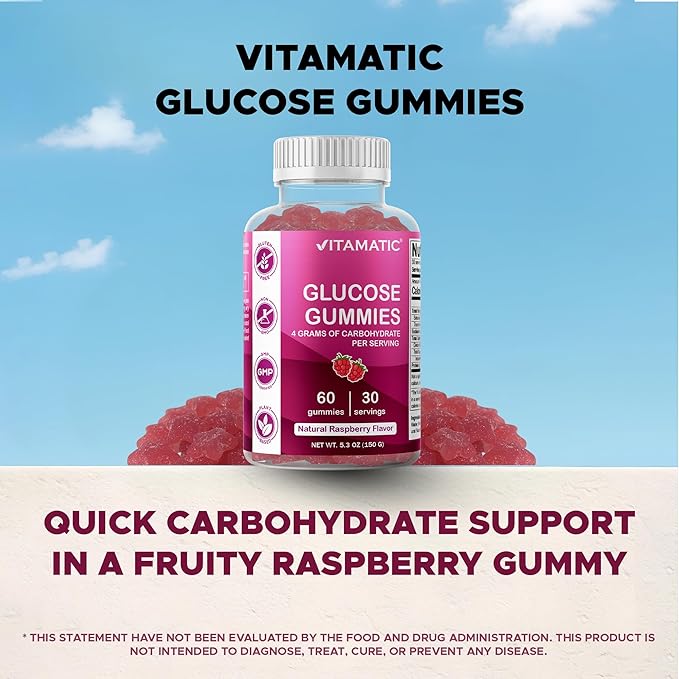 Vitamatic Glucose chewable Gummies - 60 Count - Natural Raspberry Flavor - 4G of Carbohydrate per Serving (2 Bottles)