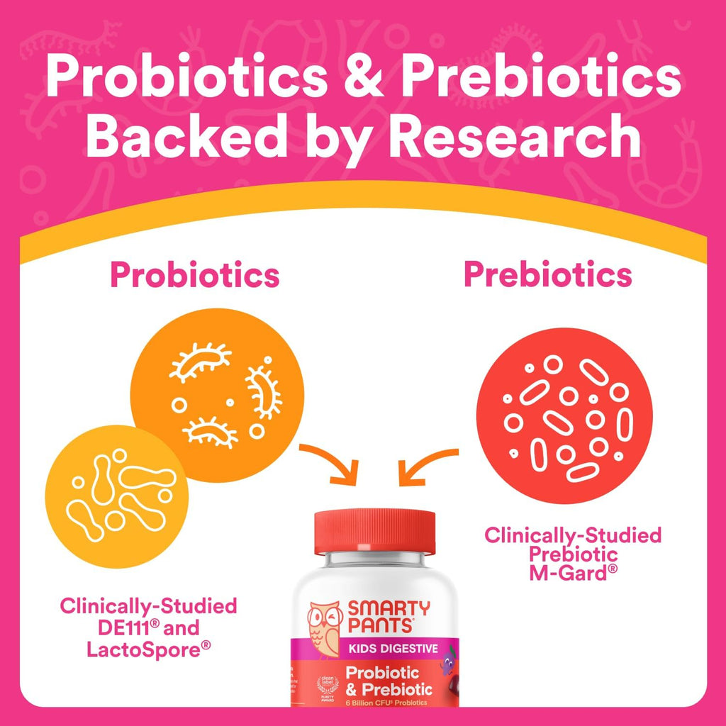 SmartyPants Kids Probiotic & Prebiotic Gummies for Digestive Health: Gut Health Supplement, Clinically Studied Prebiotic for Immune Support, Grape, 60 Count (30 Day Supply)