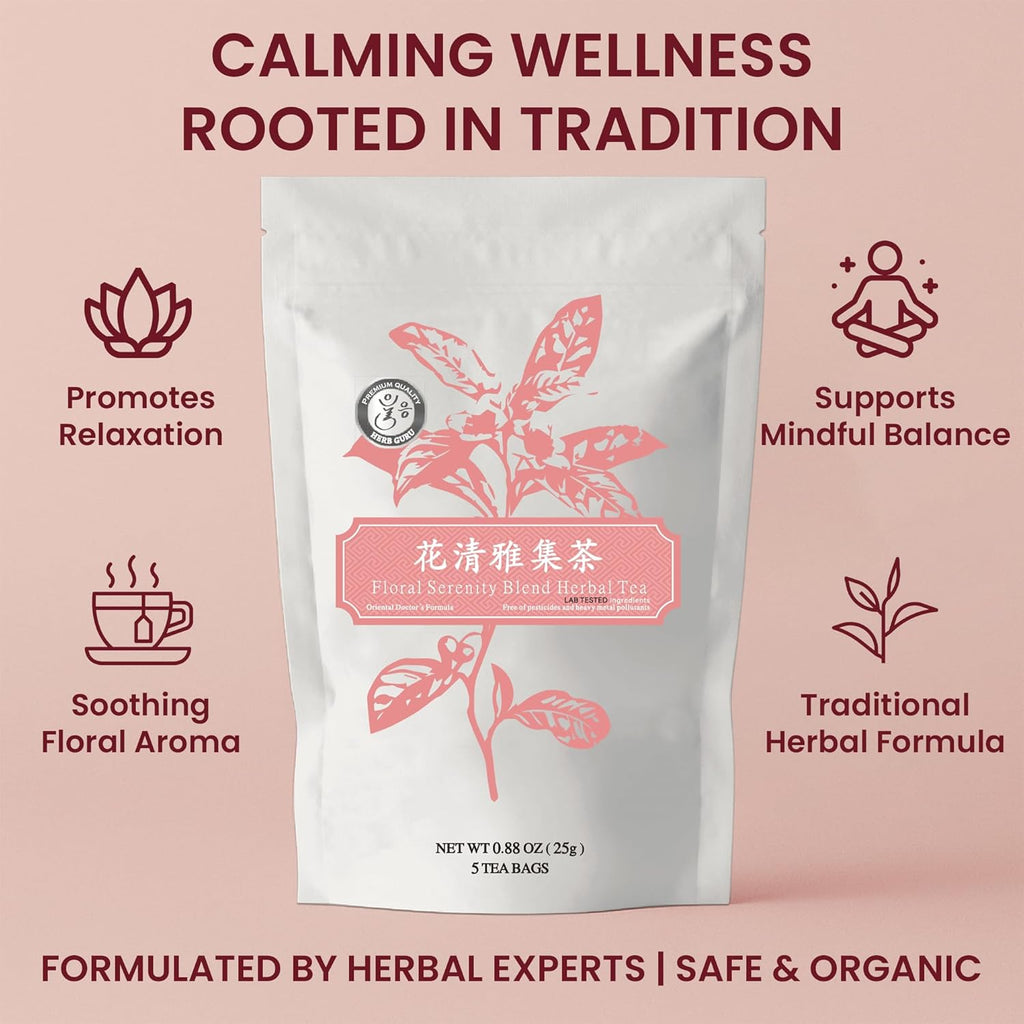 Herb Guru Floral Serenity Blend Herbal Tea, natural Herbal With Rose, Honeysuckle, Chrysanthemum, and Licorice Root, Herb Infusion & Relaxing Beverage, Includes 5 natural Tea Bags for Mindful Sipping
