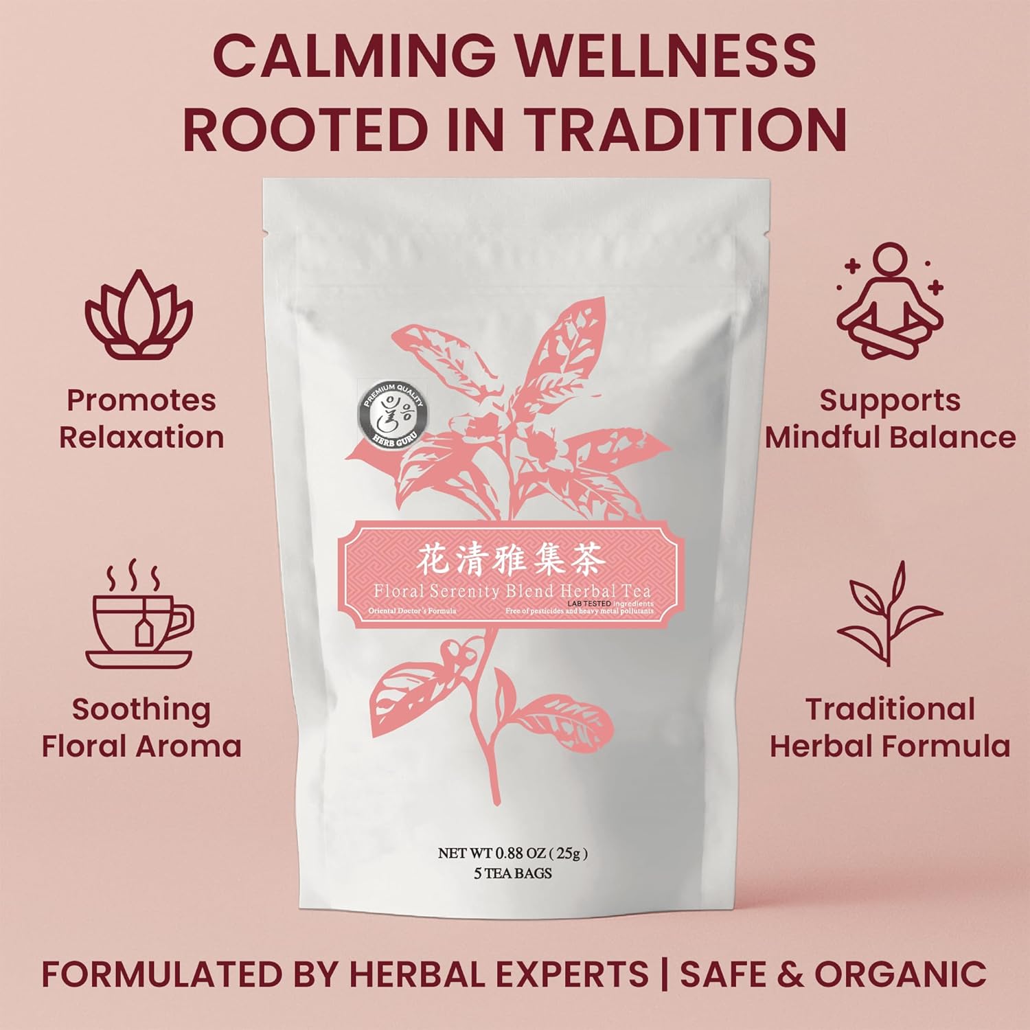 Herb Guru Floral Serenity Blend Herbal Tea, natural Herbal With Rose, Honeysuckle, Chrysanthemum, and Licorice Root, Herb Infusion & Relaxing Beverage, Includes 5 natural Tea Bags for Mindful Sipping