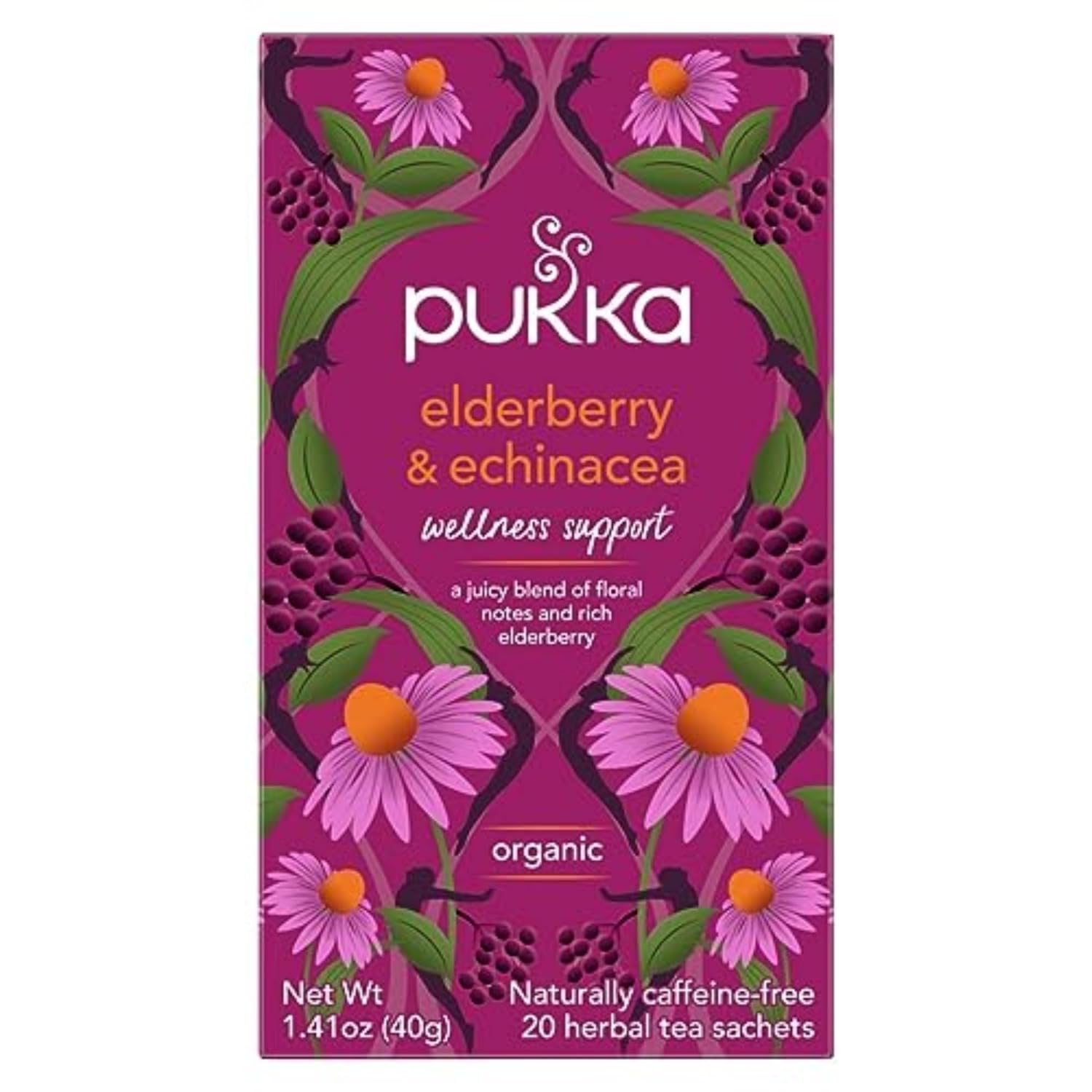 Pukka Elderberry & Echinacea Organic Herbal Tea, Perfect for Wellness Support, Caffeine Free, 80 Total Tea Bags (20ct - Pack of 4)