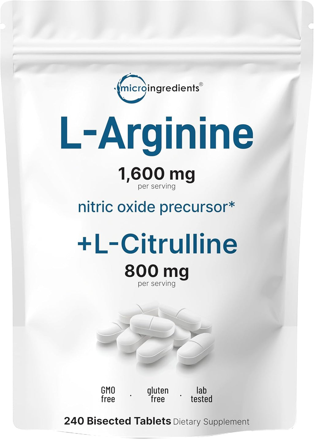 L-Arginine 1,600mg Nitric Oxide Supplement for Men with L-Citrulline, 240 Bisected Tablets | Nitric Oxide Precursor | Muscle, Energy, & Heart Support | Non-GMO, Gluten Free - 4 Month Supply