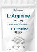L-Arginine 1,600mg Nitric Oxide Supplement for Men with L-Citrulline, 240 Bisected Tablets | Nitric Oxide Precursor | Muscle, Energy, & Heart Support | Non-GMO, Gluten Free - 4 Month Supply