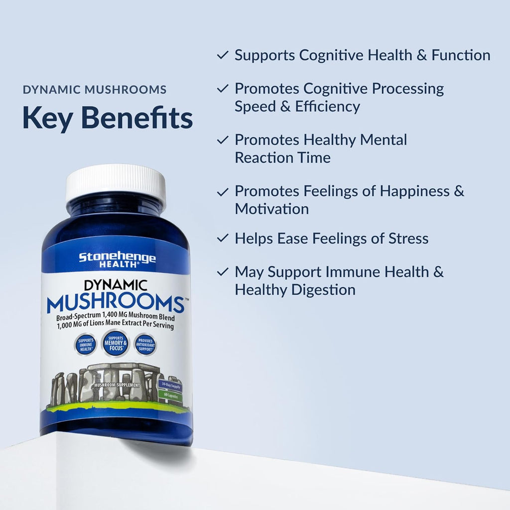 Stonehenge Health Dynamic Mushrooms - 100% Fruiting Bodies & Extracts - Lion’s Mane, Chaga, Maitake, Shiitake, Reishi - Nootropic Brain & Immune System Support - No Mycelium - 60 Veggie Capsules