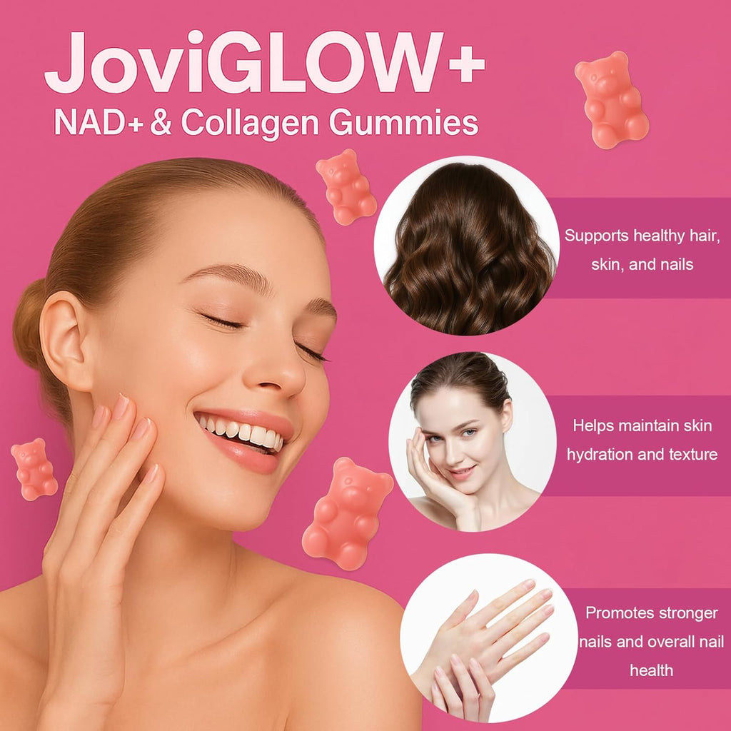 JoviGLOW+ NAD+ & Collagen Gummies, with Hydrolyzed Collagen Peptides, Resveratrol, Hyaluronic Acid & Vitamin C, Anti-Aging, Supports Skin, Hair & Nail Wellness, Daily Vitality Gummies