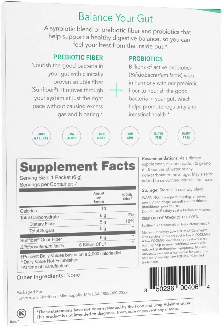 Tomorrow's Nutrition Sunfiber GI 7-Day Kit, Prebiotic Fiber & Probiotics, 5g Prebiotic Fiber & 8 Billion Probiotics Per Serving, Low FODMAP, 7 Packets, Unflavored