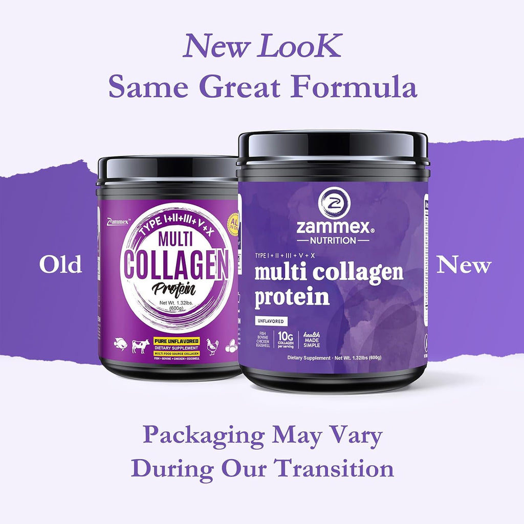 Zammex Multi Collagen Protein Powder, 5 Types of Hydrolyzed Collagen Peptides, Premium Grass-Fed Beef, Chicken, Wild Fish, Eggshell, Keto & Paleo Friendly, 60 Servings, Unflavored