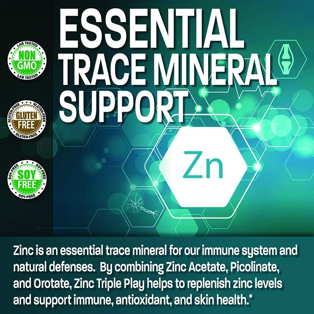 Bronson Zinc Triple Play 30 mg Triple Coverage Immune Support with Zinc Acetate, Picolinate & Orotate - Immune, Antioxidant & Skin Health Support - 100 Vegetarian Capsules