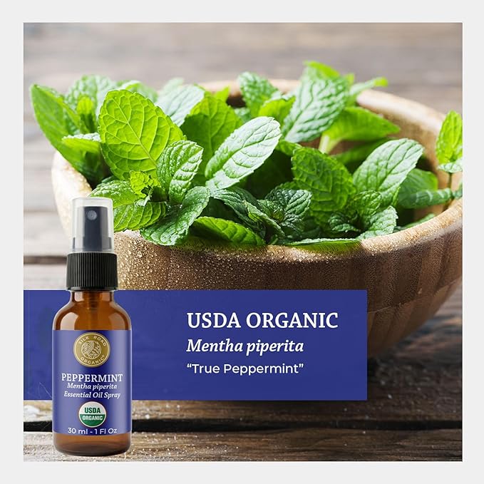 Silk Road Organic Peppermint Essential Oil Spray, USDA Certified, for Nausea, Morning Sickness, Focus & Head Tension - 1 Oz. Aromatherapy Spray