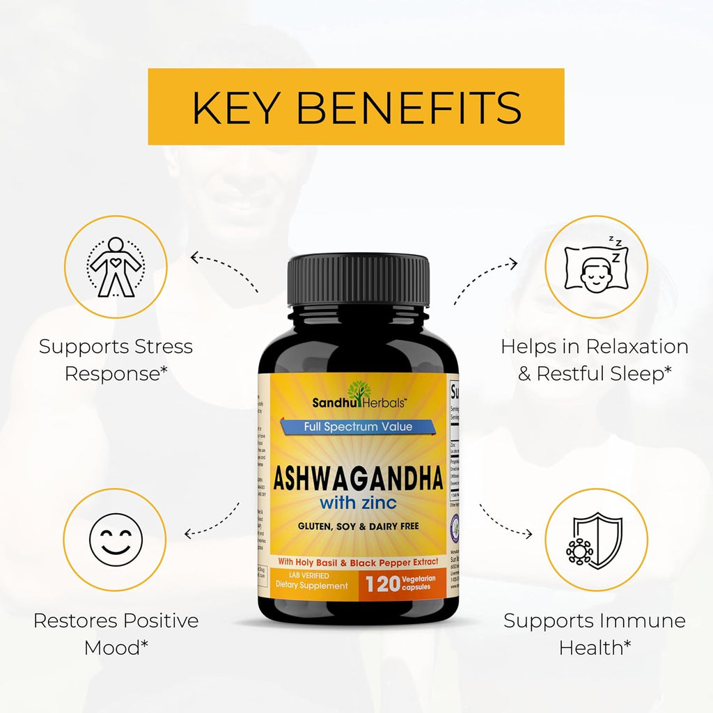 Sandhu Herbals Ashwagandha Supplement| 120 Organic 4 in 1 Capsules, 2 Months Supply| with Zinc, Black Pepper & Holy Basil Extract| Supports Immune Health| Non-GMO
