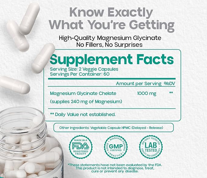 Magnesium Glycinate 1000mg Capsules – Chelated High Absorption Magnesium to Support Relaxation, Stress Relief & Muscle Comfort – Vegan, Non-GMO – 120 Capsules*