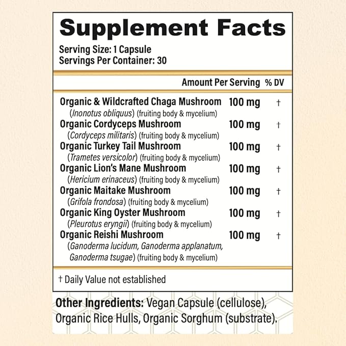 CHOQ Seven Wonders Organic Mushroom Complex - Lions Mane, Reishi, Chaga, Cordyceps - Immune Support Stress Relief Natural Energy - 30 Caps