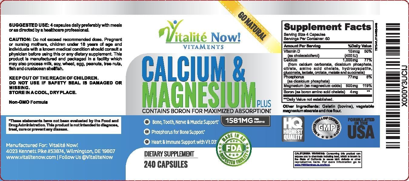 Best Calcium & Magnesium + Vitamin D3 400 IU - Highly Absorbable with Boron - 10 Forms of Calcium + Phosphorus for Bone Strength - All Natural - 240 Capsules - 2 Month Supply!