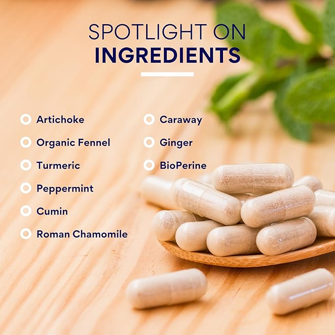 Research Verified Gas and Bloating - Relax Intestinal Muscles, Eliminate Gas Buildup - Artichoke Powder, Ginger, Peppermint Leaf Powder - 180 Capsules - Vegan