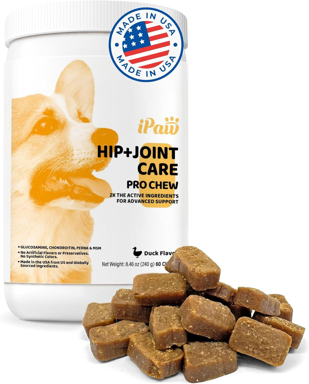 iPaw Hip and Joint Care Pro Dog Chews, Dog Joint Supplement, Glucosamine and Chondroitin Treats, Made in USA, Duck Flavor (60 Chews)