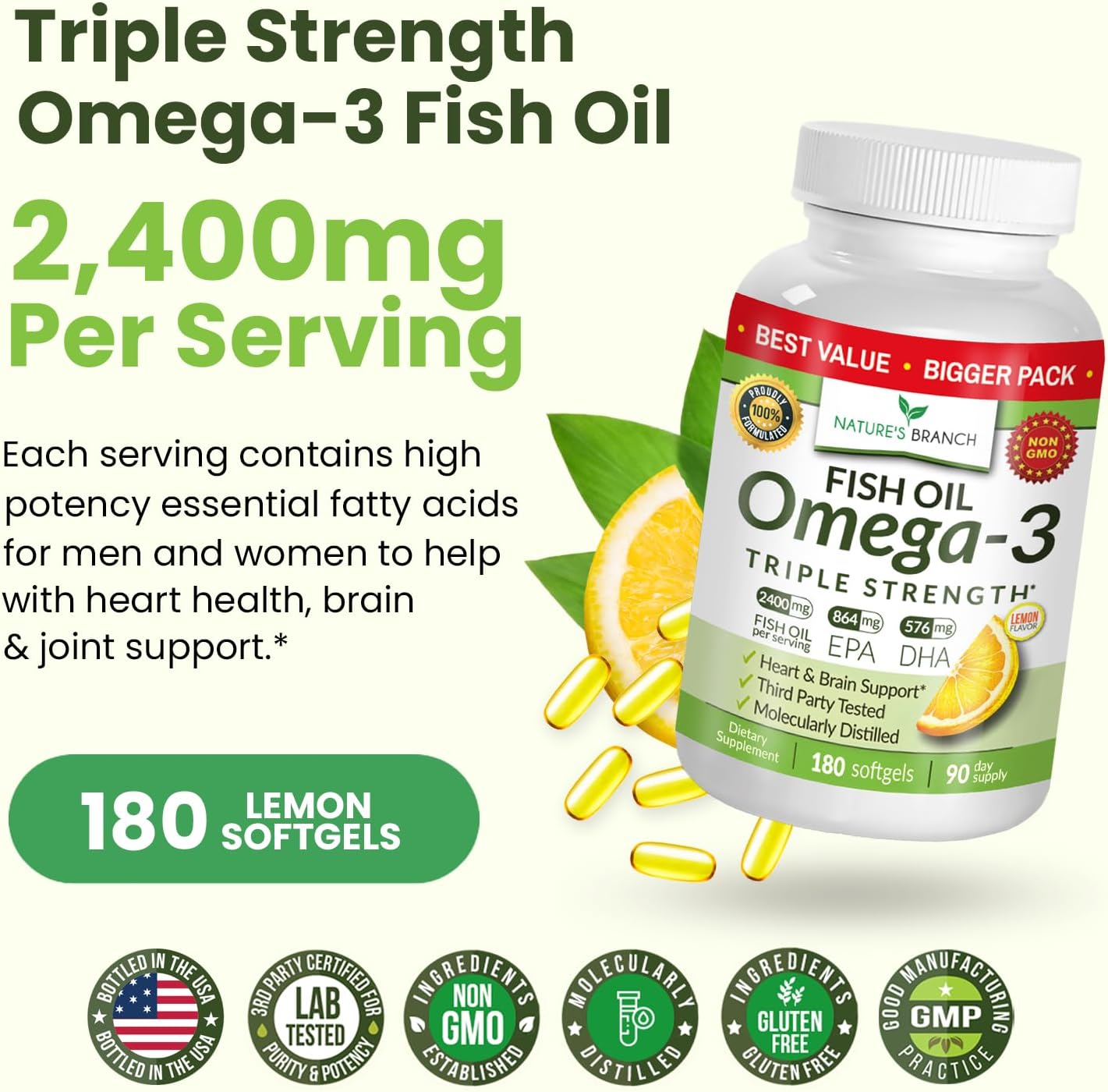 Best Triple Strength Omega 3 Fish Oil Pills - 180 Capsules - 2400mg High Potency Burpless Lemon Flavor 864mg EPA 576mg DHA Ultra Pure Liquid Softgels for Brain Joints Eyes Heart Health Supplement