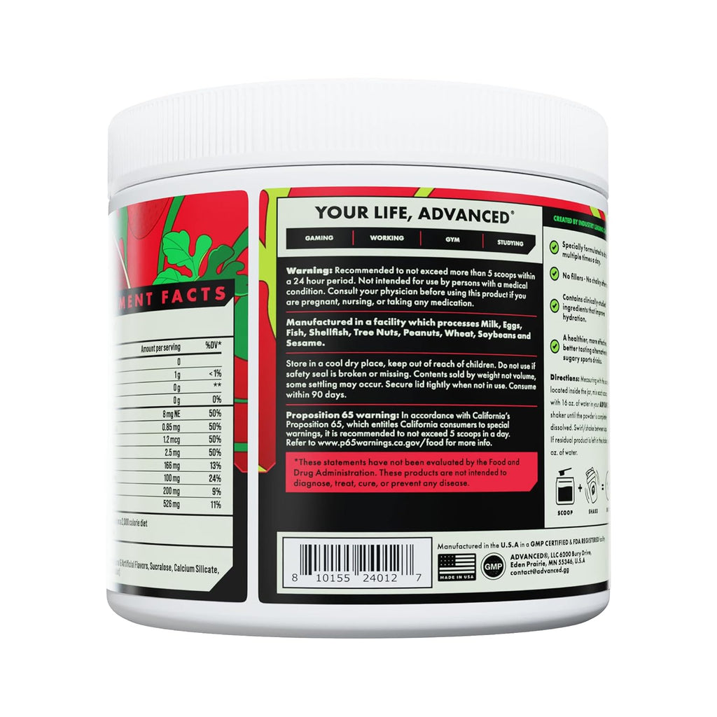 Advanced Hydration High-Performance Electrolyte Drink Mix with B Vitamins for All-Day Hydration - Caffeine Free, Zero Calories, Sugar Free, & Keto Friendly - (30 Servings, Strawberry Watermelon)