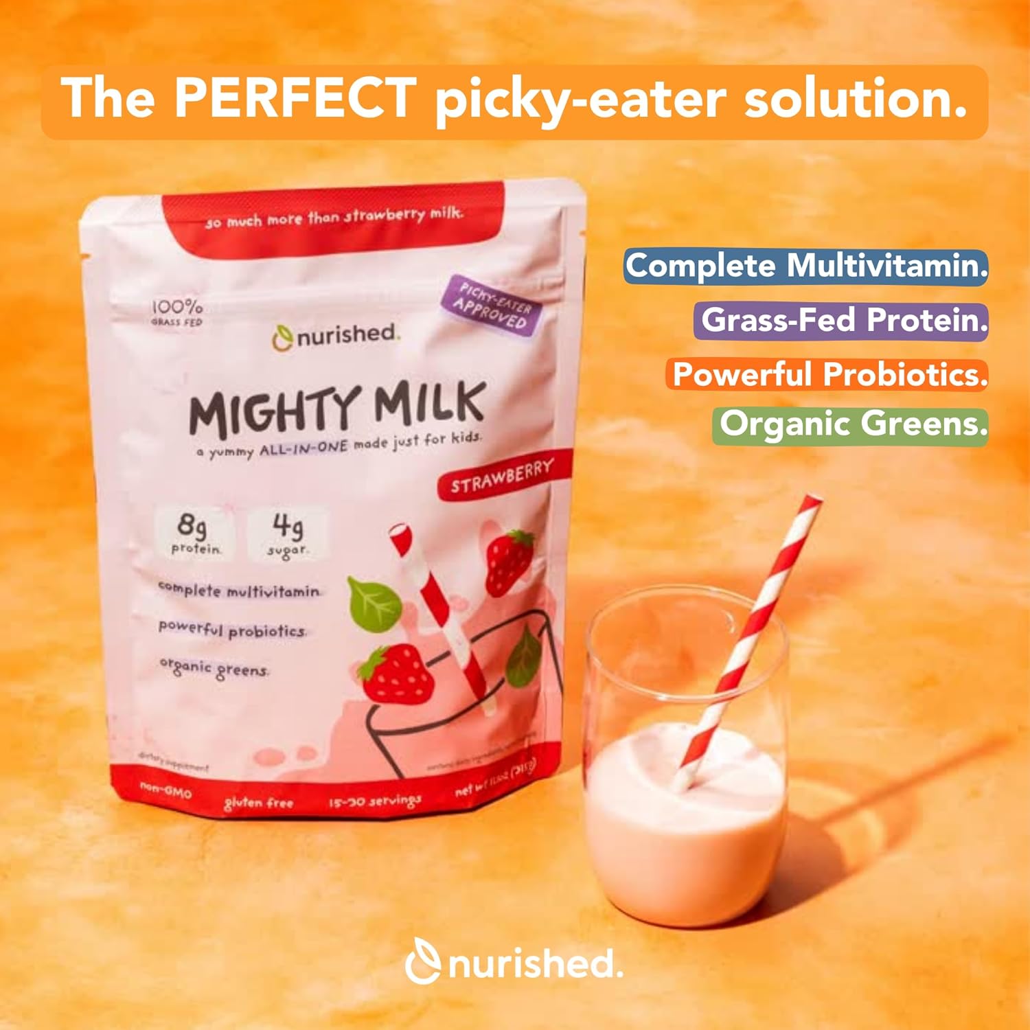 Mighty Strawberry Milk - Kids All-in-One Daily Protein Powder & Multivitamin Boosted with 2 Billion Probiotics & Organic Spinach - Natural Flavors, Colors & Sweeteners - 15-30 Servings