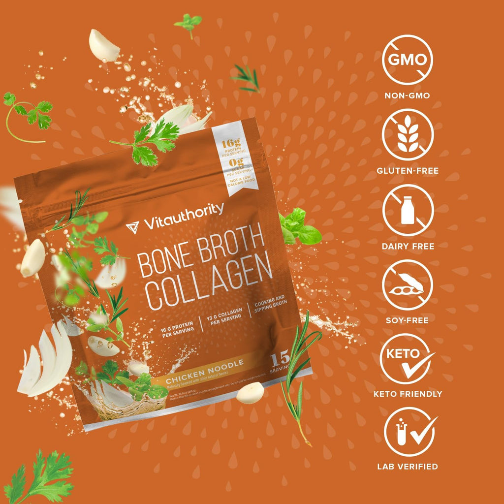 Vitauthority Bone Broth Collagen Delicious Chicken Noodle Flavored - Packed with 16g of Protein & Types I, II, III - Nourishes Skin, Hair, Nails, Joints, & Gut - Beef BoneBroth