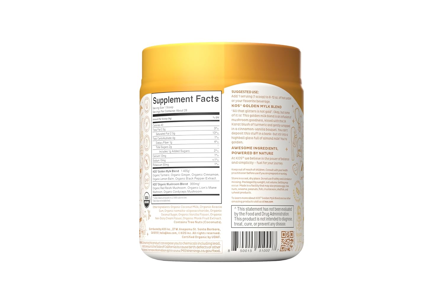 KOS Golden Mylk with Tumeric and Ginger, Organic Superfood Latte Powder, Adaptogen Mushroom Blend - Coffee Creamer, Dessert & Smoothie - Caffeine Free, Vegan, Dairy-Free, Gingerbread Chai, 28 Servings