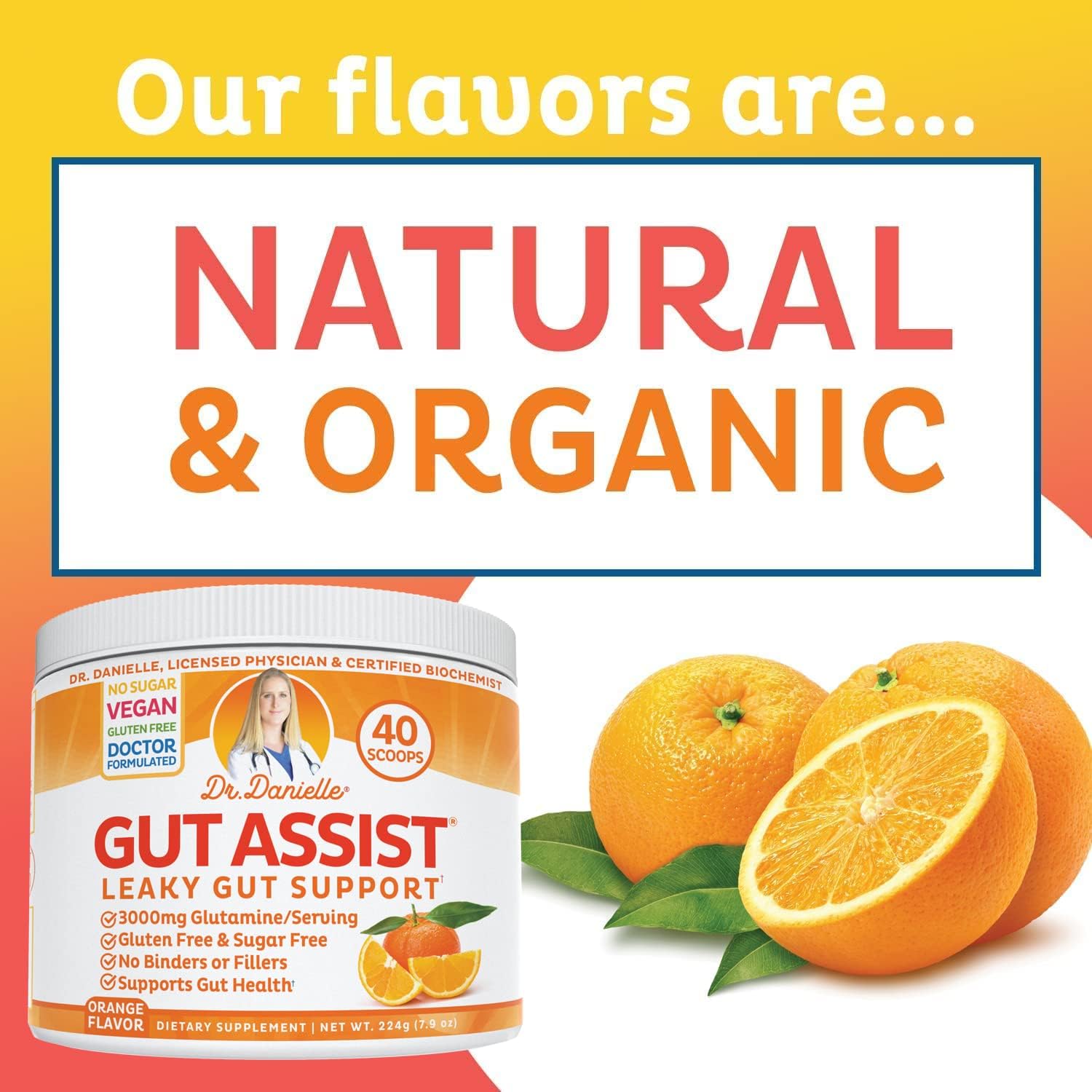 Doctor Danielle Gut Assist - Leaky Gut Repair Supplement Powder, Glutamine, Arabinogalactan, Licorice Root - Supports IBS, Heartburn, Bloating, Gas, Constipation, SIBO from, Orange Flavor