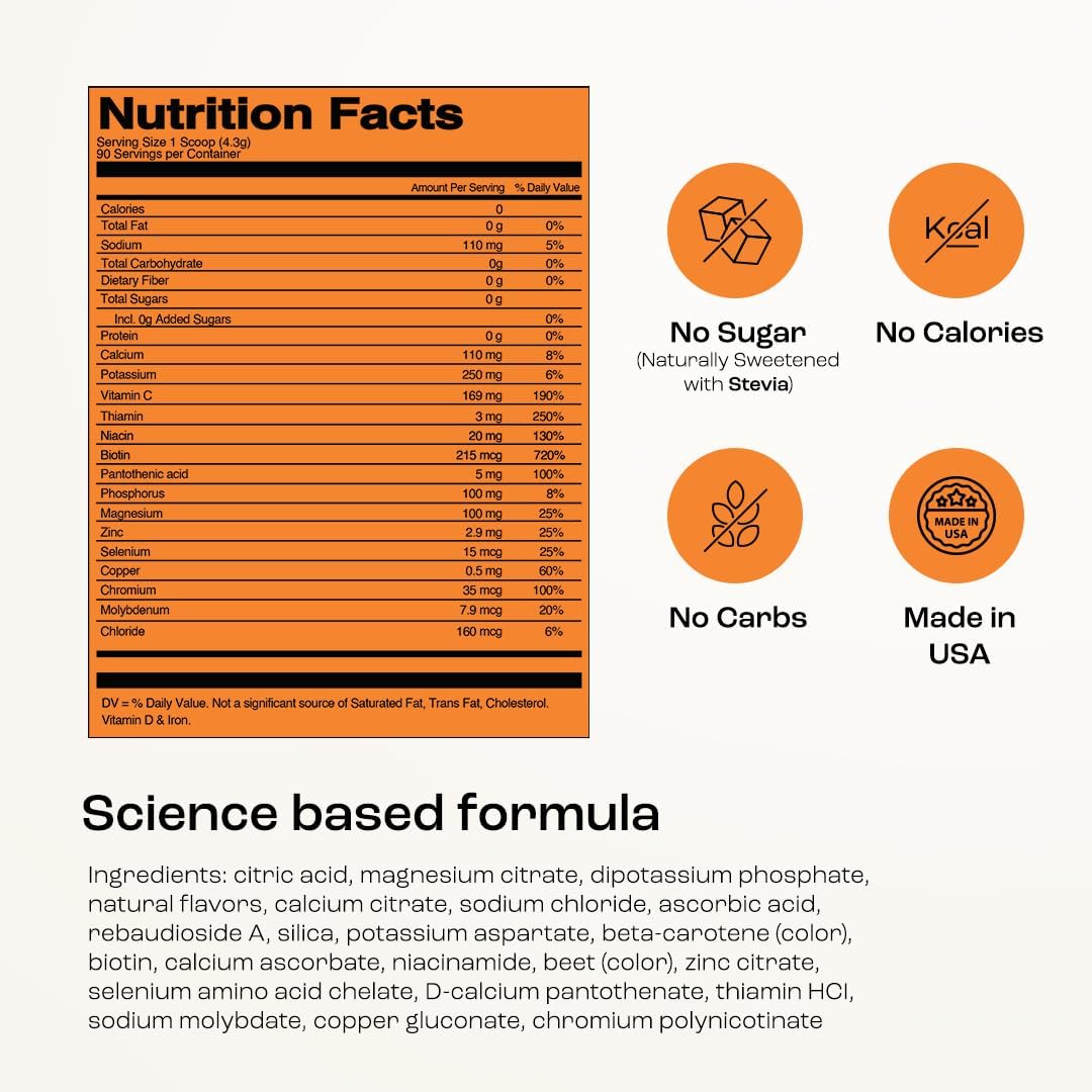 KEY NUTRIENTS Multivitamin Electrolytes Powder No Sugar - Tangy Orange Electrolyte Powder - Endurance & Energy Supplement - Hydration Powder - No Calories - 90 Servings - Made in USA