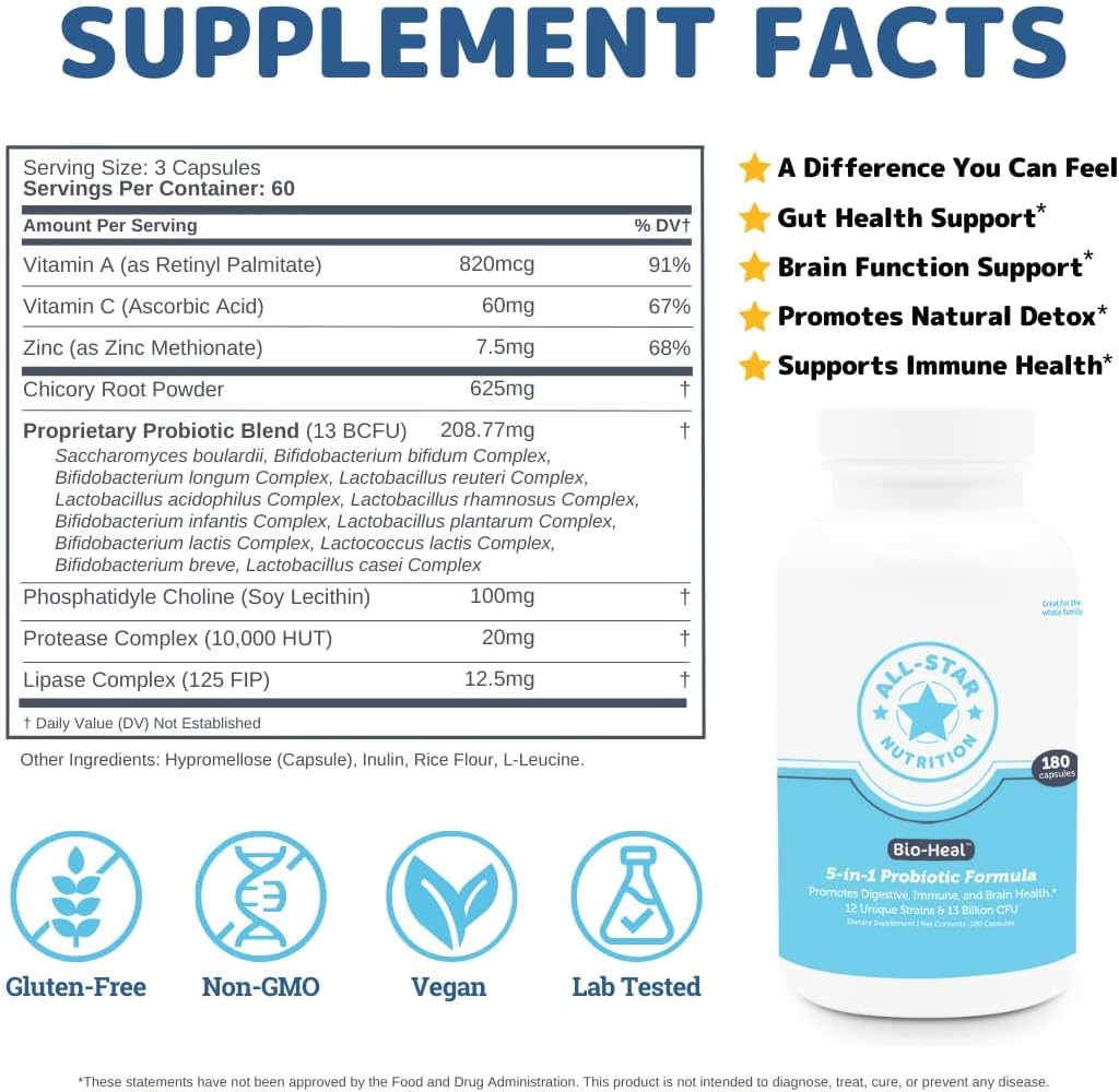 5-in-1 Bio-Heal® Probiotic Capsules for Kids, Men & Women - Best Supplement for Brain Function, Gut Health & Constipation - Shelf Stable & Fortified with Vitamins, Minerals & Prebiotics