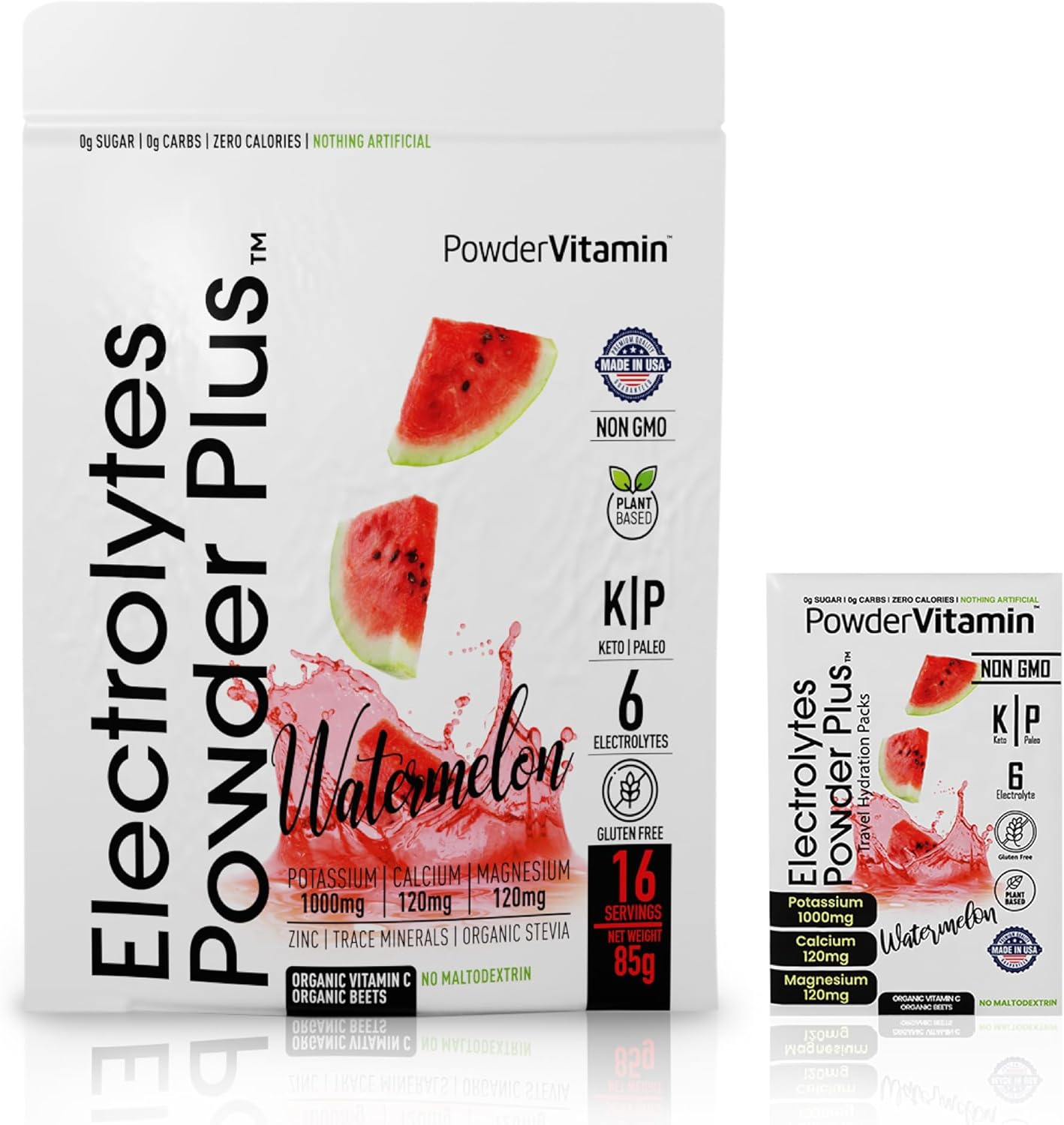PowderVitamin Electrolytes Powder Plus, Keto, Watermelon, Sugar Free, Pink Himalayan Salt, 1000mg Potassium, 120mg Calcium, 120mg Magnesium, Non-GMO, Zero Calories, (16 Hydration Packets)
